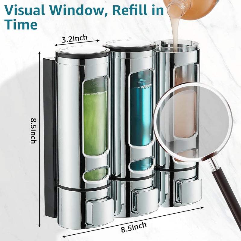 pollock Shampoo and Conditioner Dispenser,Shower Shampoo Dispenser 3 Chamber No Drilled Shampoo Dispenser for Shower Wall Mounted Shower Dispenser Body Wash Dispenser for Bathroom Kitchen Hotel,Chrome - Image 5